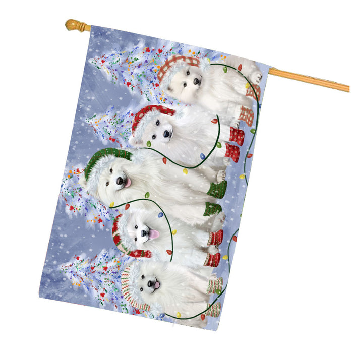 Christmas Lights and Samoyed Dogs House Flag Outdoor Decorative Double Sided Pet Portrait Weather Resistant Premium Quality Animal Printed Home Decorative Flags 100% Polyester