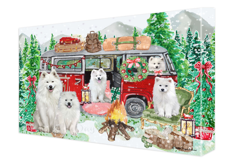 Christmas Time Camping with Samoyed Dogs Canvas Wall Art - Premium Quality Ready to Hang Room Decor Wall Art Canvas - Unique Animal Printed Digital Painting for Decoration