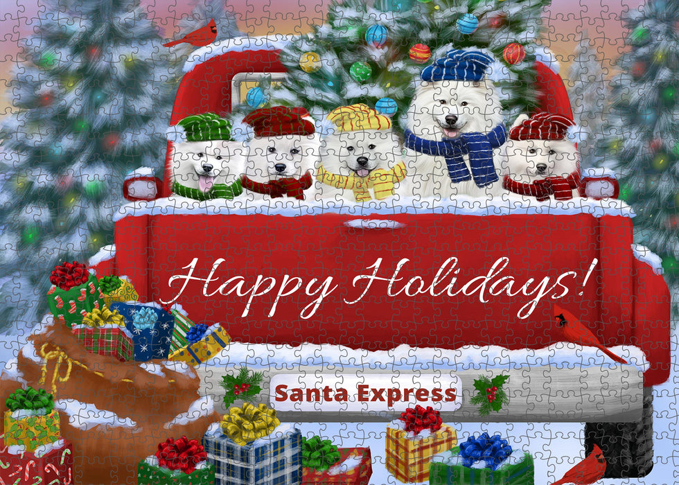 Christmas Red Truck Travlin Home for the Holidays Samoyed Dogs Portrait Jigsaw Puzzle for Adults Animal Interlocking Puzzle Game Unique Gift for Dog Lover's with Metal Tin Box