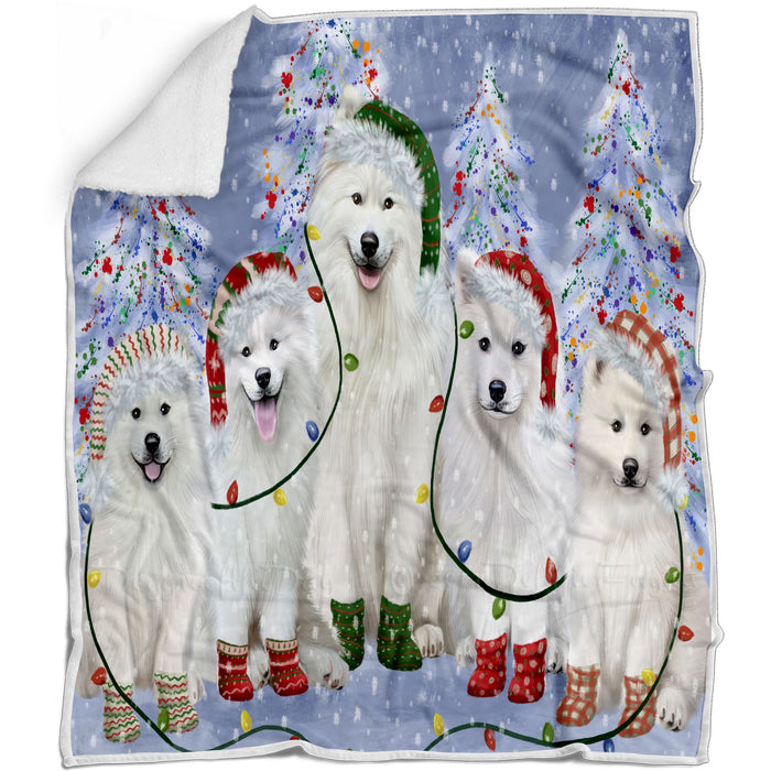 Christmas Lights and Samoyed Dogs Blanket - Lightweight Soft Cozy and Durable Bed Blanket - Animal Theme Fuzzy Blanket for Sofa Couch