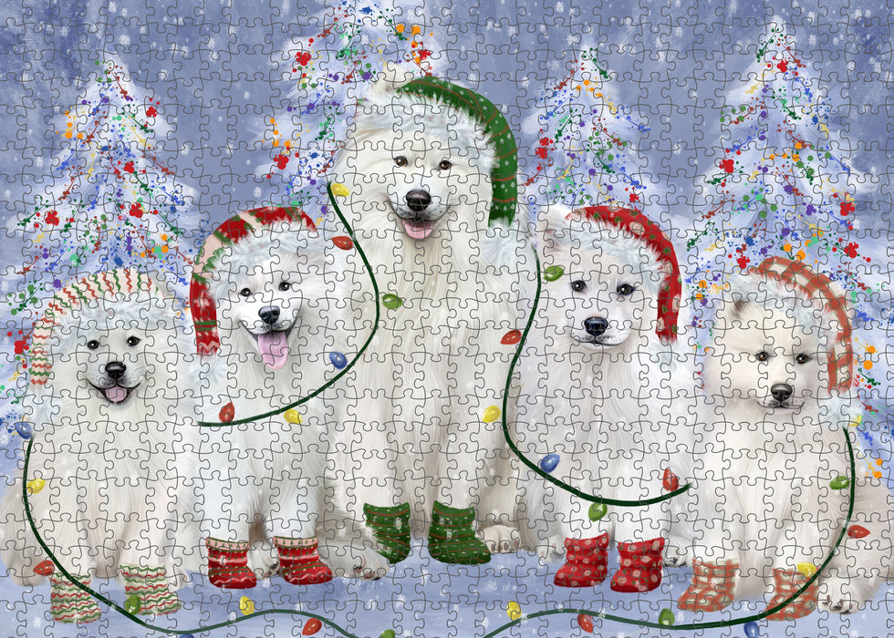 Christmas Lights and Samoyed Dogs Portrait Jigsaw Puzzle for Adults Animal Interlocking Puzzle Game Unique Gift for Dog Lover's with Metal Tin Box