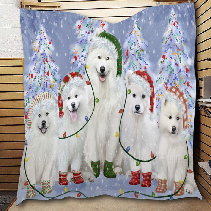 Christmas Lights and Samoyed Dogs  Quilt Bed Coverlet Bedspread - Pets Comforter Unique One-side Animal Printing - Soft Lightweight Durable Washable Polyester Quilt
