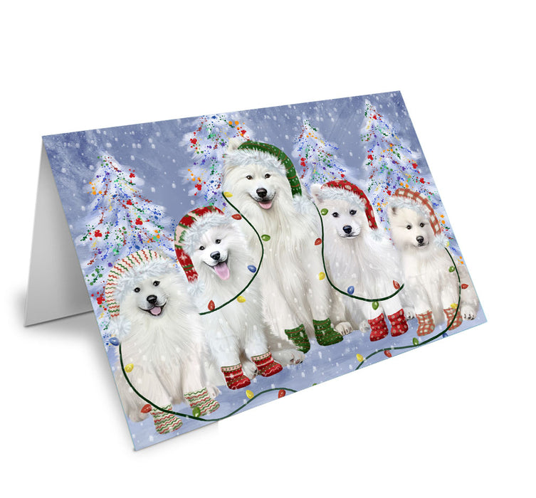 Christmas Lights and Samoyed Dogs Handmade Artwork Assorted Pets Greeting Cards and Note Cards with Envelopes for All Occasions and Holiday Seasons