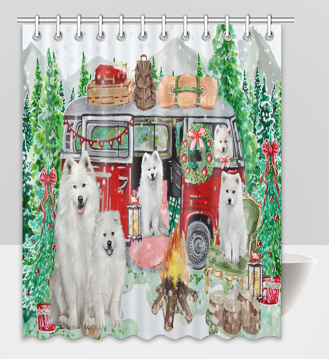 Christmas Time Camping with Samoyed Dogs Shower Curtain Pet Painting Bathtub Curtain Waterproof Polyester One-Side Printing Decor Bath Tub Curtain for Bathroom with Hooks