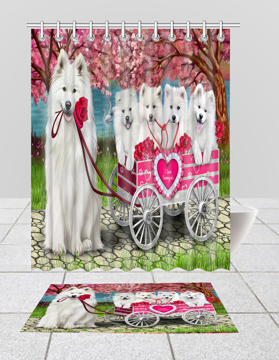 I Love Samoyed Dogs in a Cart Bath Mat and Shower Curtain Combo