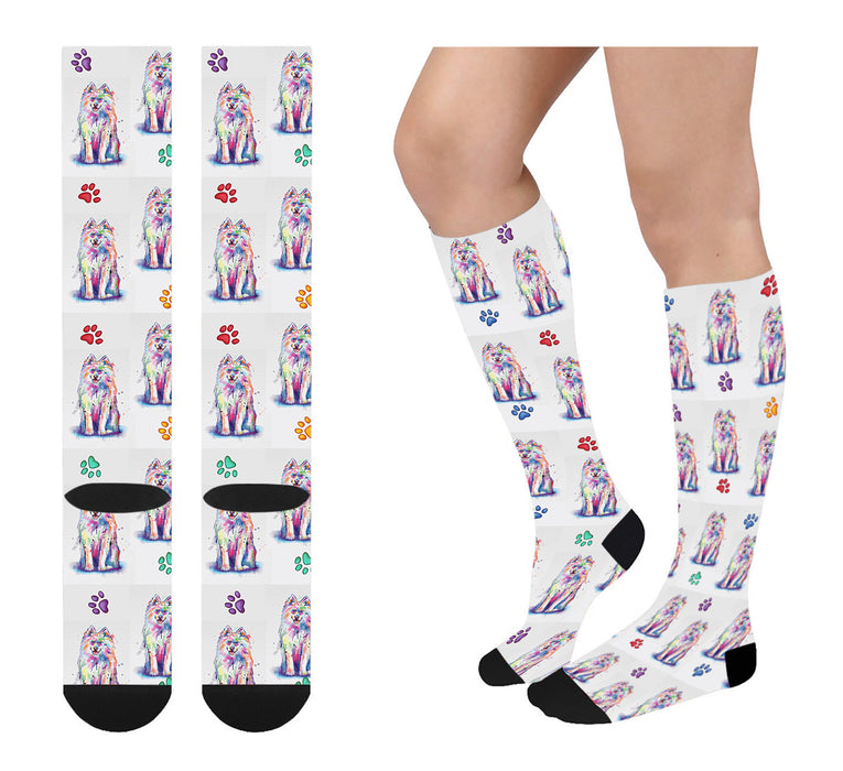 Watercolor Samoyed Dogs Women's Over the Calf Socks