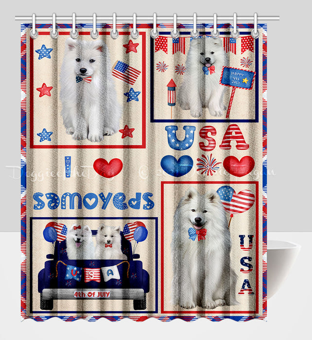 4th of July Independence Day I Love USA Samoyed Dogs Shower Curtain Pet Painting Bathtub Curtain Waterproof Polyester One-Side Printing Decor Bath Tub Curtain for Bathroom with Hooks