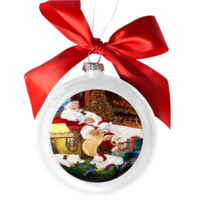 Samoyeds Dog and Puppies Sleeping with Santa White Round Ball Christmas Ornament WBSOR49313