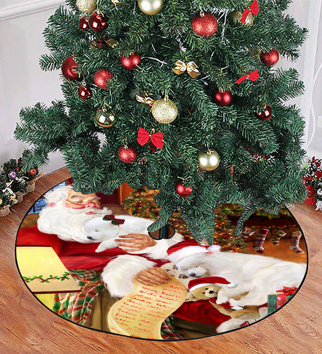 Santa Sleeping with Samoyed Dogs Christmas Tree Skirt