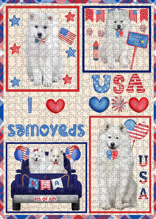 4th of July Independence Day I Love USA Samoyed Dogs Portrait Jigsaw Puzzle for Adults Animal Interlocking Puzzle Game Unique Gift for Dog Lover's with Metal Tin Box