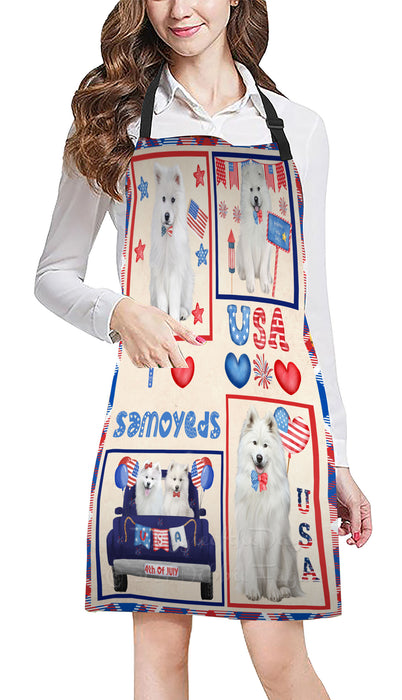 4th of July Independence Day I Love USA Samoyed Dogs Apron - Adjustable Long Neck Bib for Adults - Waterproof Polyester Fabric With 2 Pockets - Chef Apron for Cooking, Dish Washing, Gardening, and Pet Grooming
