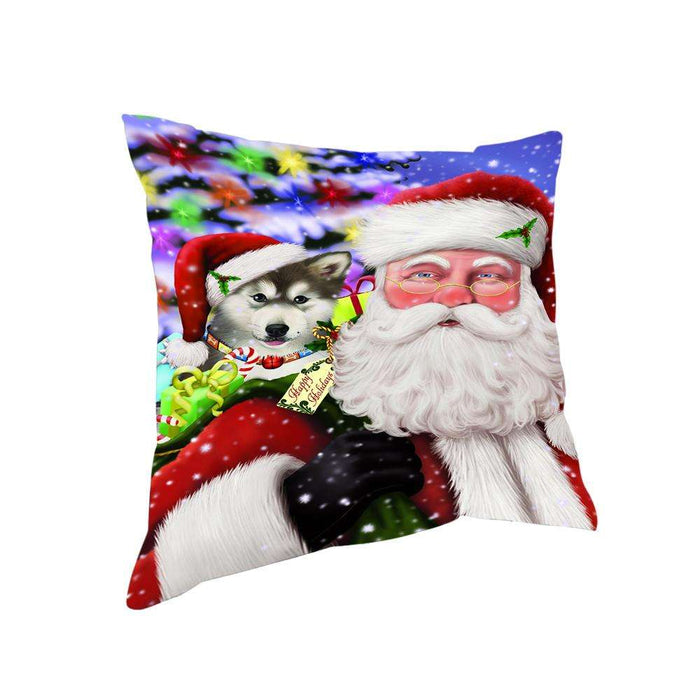 Santa Carrying Alaskan Malamute Dog and Christmas Presents Pillow PIL72456