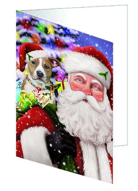 Santa Carrying American Staffordshire Terrier Dog and Christmas Presents Handmade Artwork Assorted Pets Greeting Cards and Note Cards with Envelopes for All Occasions and Holiday Seasons GCD65024