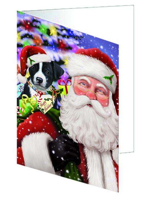 Santa Carrying American Staffordshire Terrier Dog and Christmas Presents Handmade Artwork Assorted Pets Greeting Cards and Note Cards with Envelopes for All Occasions and Holiday Seasons GCD65027