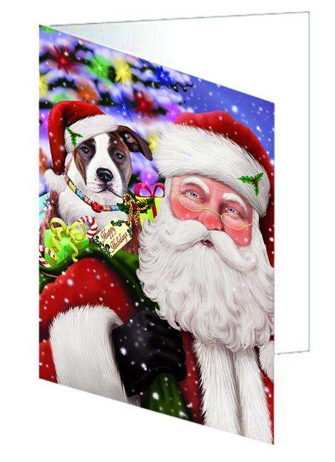 Santa Carrying American Staffordshire Terrier Dog and Christmas Presents Handmade Artwork Assorted Pets Greeting Cards and Note Cards with Envelopes for All Occasions and Holiday Seasons GCD65030