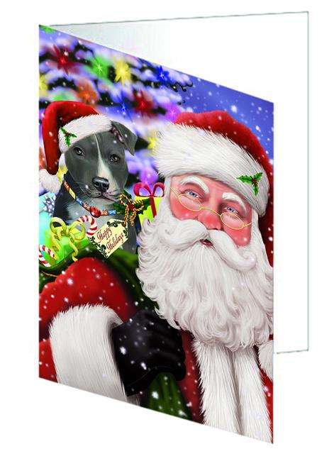 Santa Carrying American Staffordshire Terrier Dog and Christmas Presents Handmade Artwork Assorted Pets Greeting Cards and Note Cards with Envelopes for All Occasions and Holiday Seasons GCD65033