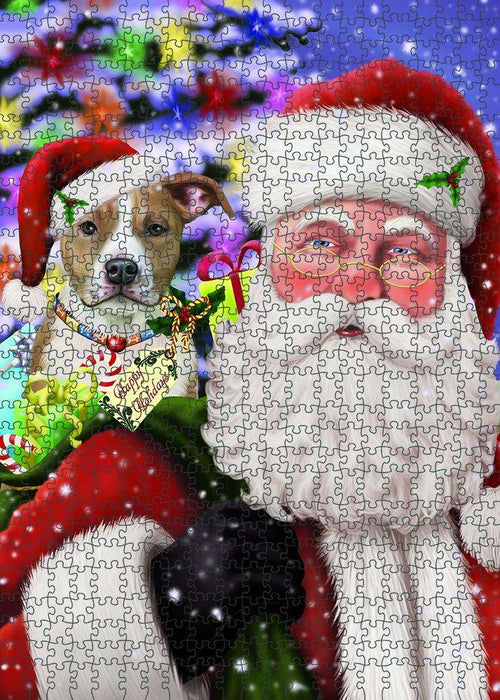 Santa Carrying American Staffordshire Terrier Dog and Christmas Presents Puzzle with Photo Tin PUZL81816