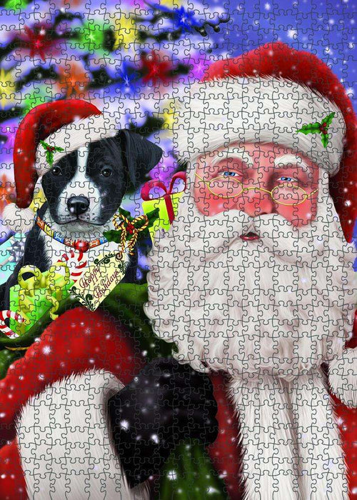 Santa Carrying American Staffordshire Terrier Dog and Christmas Presents Puzzle with Photo Tin PUZL81820