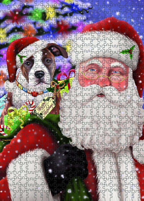 Santa Carrying American Staffordshire Terrier Dog and Christmas Presents Puzzle with Photo Tin PUZL81824