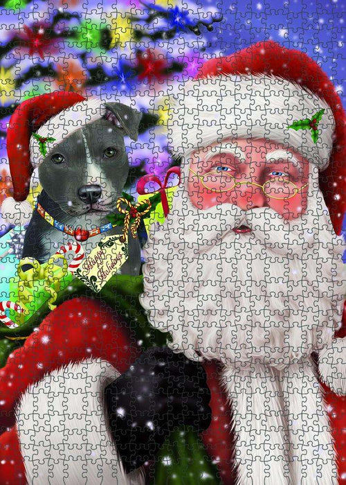 Santa Carrying American Staffordshire Terrier Dog and Christmas Presents Puzzle with Photo Tin PUZL81828