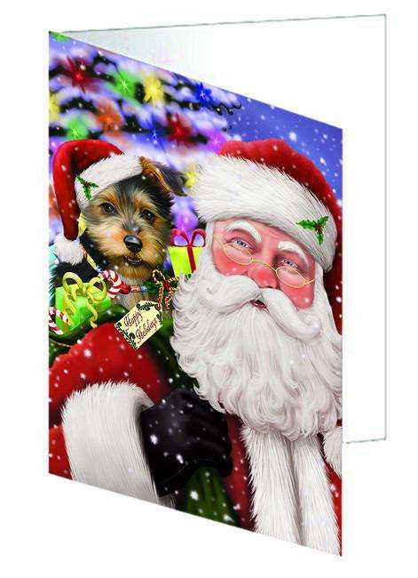 Santa Carrying Australian Terrier Dog and Christmas Presents Handmade Artwork Assorted Pets Greeting Cards and Note Cards with Envelopes for All Occasions and Holiday Seasons GCD65036