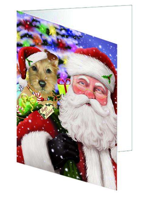 Santa Carrying Australian Terrier Dog and Christmas Presents Handmade Artwork Assorted Pets Greeting Cards and Note Cards with Envelopes for All Occasions and Holiday Seasons GCD65039