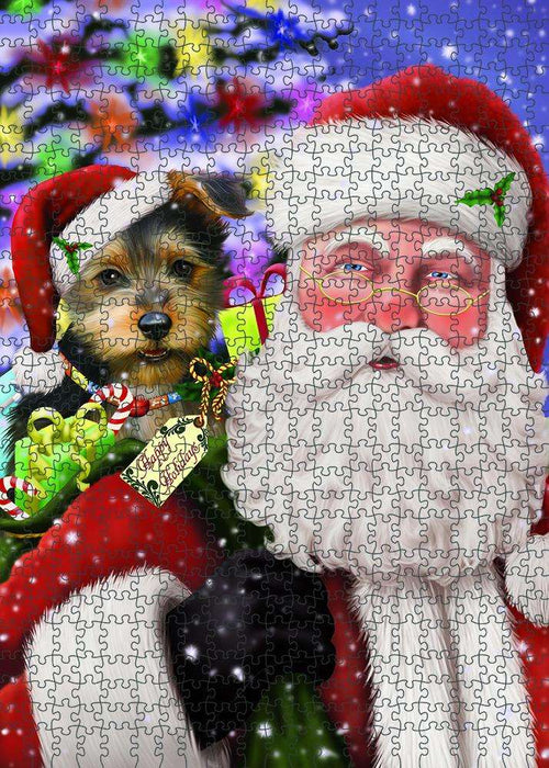 Santa Carrying Australian Terrier Dog and Christmas Presents Puzzle with Photo Tin PUZL81832
