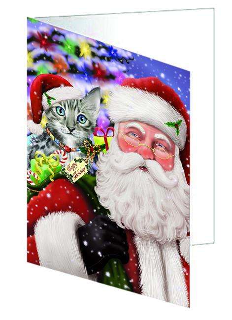 Santa Carrying Bengal Cat and Christmas Presents Handmade Artwork Assorted Pets Greeting Cards and Note Cards with Envelopes for All Occasions and Holiday Seasons GCD65048