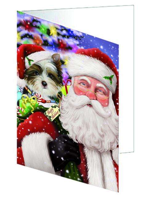 Santa Carrying Biewer Terrier Dog and Christmas Presents Handmade Artwork Assorted Pets Greeting Cards and Note Cards with Envelopes for All Occasions and Holiday Seasons GCD65051
