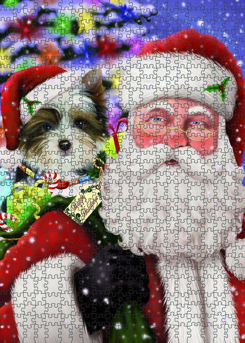 Santa Carrying Biewer Terrier Dog and Christmas Presents Puzzle with Photo Tin PUZL81852