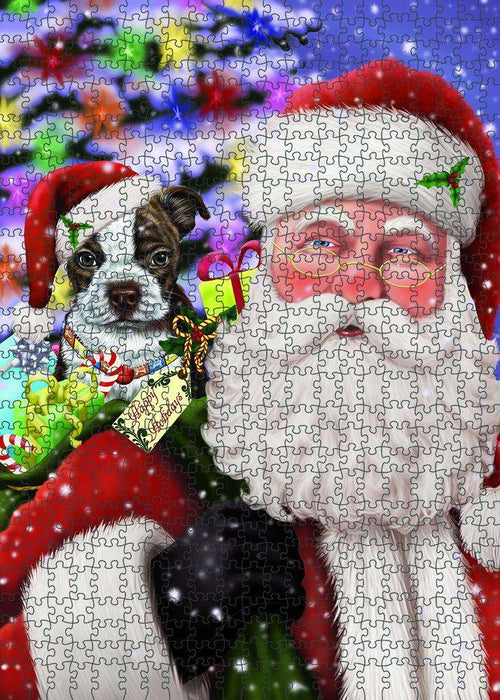 Santa Carrying Boston Terrier Dog and Christmas Presents Puzzle with Photo Tin PUZL83012