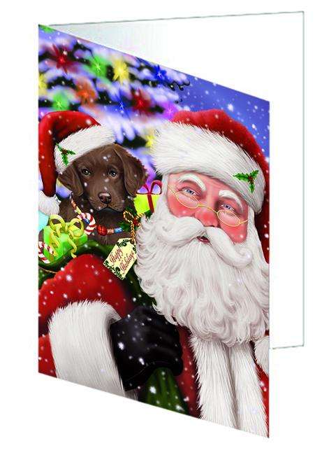 Santa Carrying Chesapeake Bay Retriever Dog and Christmas Presents Handmade Artwork Assorted Pets Greeting Cards and Note Cards with Envelopes for All Occasions and Holiday Seasons GCD65957