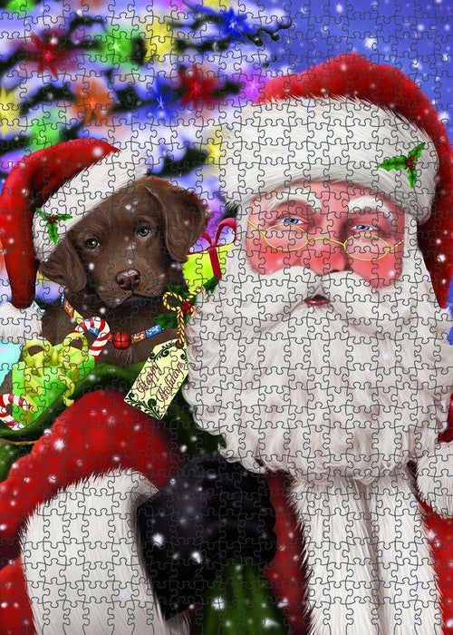 Santa Carrying Chesapeake Bay Retriever Dog and Christmas Presents Puzzle with Photo Tin PUZL83060