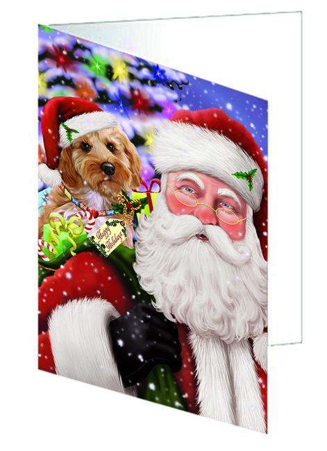 Santa Carrying Cockapoo Dog and Christmas Presents Handmade Artwork Assorted Pets Greeting Cards and Note Cards with Envelopes for All Occasions and Holiday Seasons GCD65066