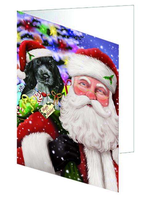 Santa Carrying Cocker Spaniel Dog and Christmas Presents Handmade Artwork Assorted Pets Greeting Cards and Note Cards with Envelopes for All Occasions and Holiday Seasons GCD65087