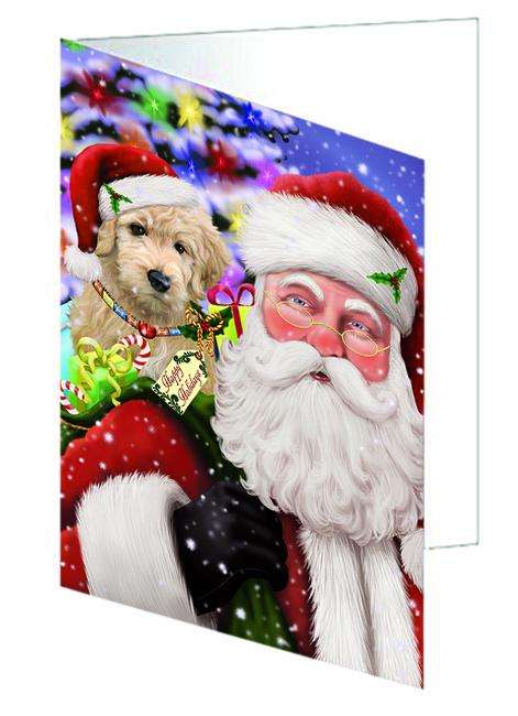 Santa Carrying Goldendoodle Dog and Christmas Presents Handmade Artwork Assorted Pets Greeting Cards and Note Cards with Envelopes for All Occasions and Holiday Seasons GCD65090