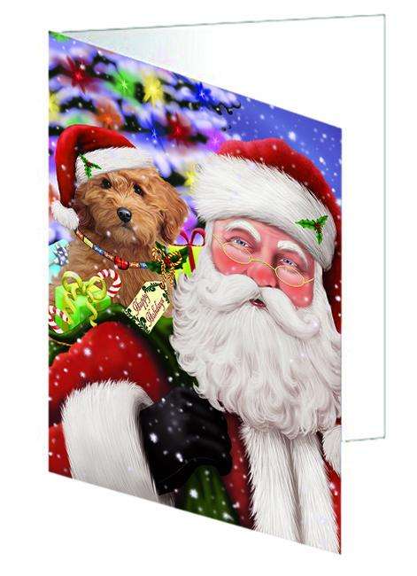 Santa Carrying Goldendoodle Dog and Christmas Presents Handmade Artwork Assorted Pets Greeting Cards and Note Cards with Envelopes for All Occasions and Holiday Seasons GCD65093