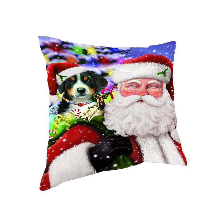 Santa Carrying Greater Swiss Mountain Dog and Christmas Presents Pillow PIL71388