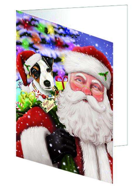 Santa Carrying Jack Russell Terrier Dog and Christmas Presents Handmade Artwork Assorted Pets Greeting Cards and Note Cards with Envelopes for All Occasions and Holiday Seasons GCD66011