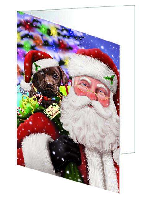 Santa Carrying Labrador Retriever Dog and Christmas Presents Handmade Artwork Assorted Pets Greeting Cards and Note Cards with Envelopes for All Occasions and Holiday Seasons GCD66014