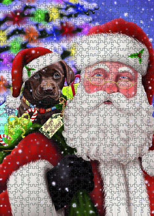 Santa Carrying Labrador Retriever Dog and Christmas Presents Puzzle with Photo Tin PUZL83136