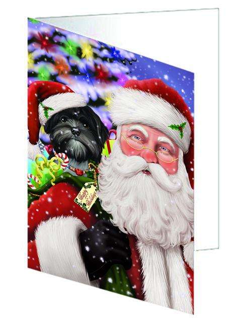 Santa Carrying Lhasa Apso Dog and Christmas Presents Handmade Artwork Assorted Pets Greeting Cards and Note Cards with Envelopes for All Occasions and Holiday Seasons GCD66023