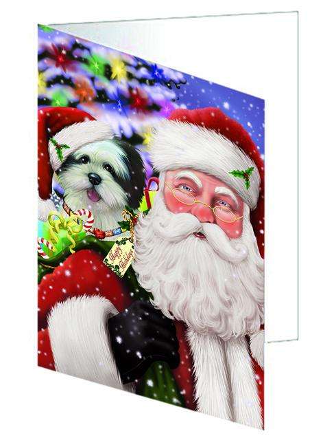 Santa Carrying Lhasa Apso Dog and Christmas Presents Handmade Artwork Assorted Pets Greeting Cards and Note Cards with Envelopes for All Occasions and Holiday Seasons GCD66026