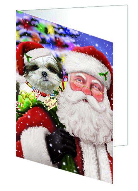 Santa Carrying Malti Tzu Dog and Christmas Presents Handmade Artwork Assorted Pets Greeting Cards and Note Cards with Envelopes for All Occasions and Holiday Seasons GCD65123