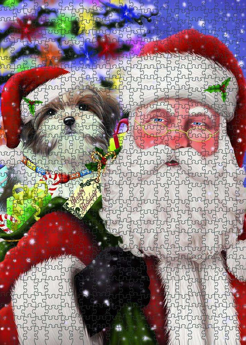 Santa Carrying Malti Tzu Dog and Christmas Presents Puzzle with Photo Tin PUZL81956