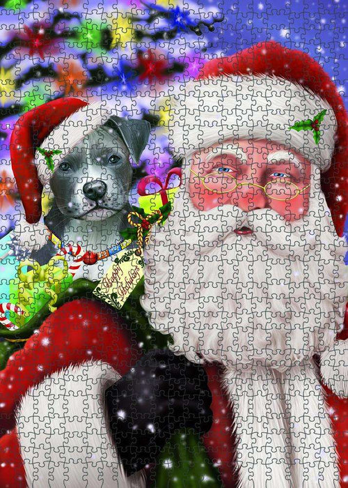 Santa Carrying Pit Bull Dog and Christmas Presents Puzzle with Photo Tin PUZL83168