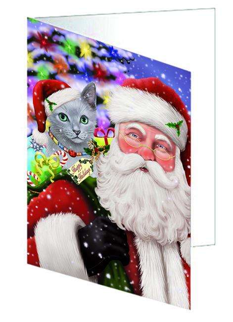 Santa Carrying Russian Blue Cat and Christmas Presents Handmade Artwork Assorted Pets Greeting Cards and Note Cards with Envelopes for All Occasions and Holiday Seasons GCD65132