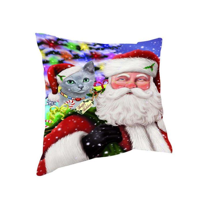 Santa Carrying Russian Blue Cat and Christmas Presents Pillow PIL71428