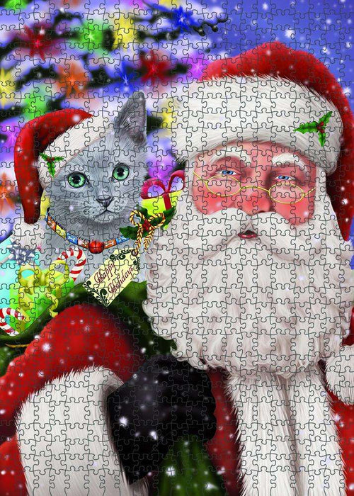 Santa Carrying Russian Blue Cat and Christmas Presents Puzzle with Photo Tin PUZL81960