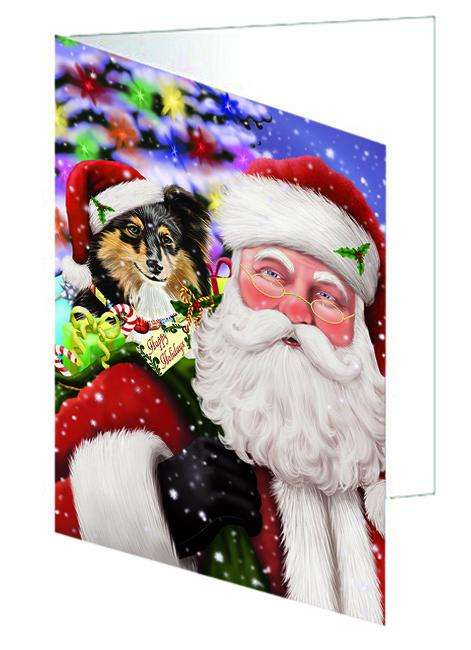Santa Carrying Shetland Sheepdog and Christmas Presents Handmade Artwork Assorted Pets Greeting Cards and Note Cards with Envelopes for All Occasions and Holiday Seasons GCD66080